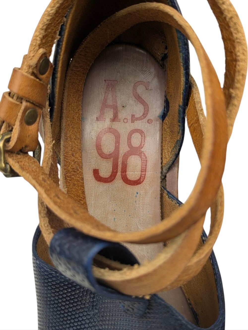 A.S.98 Nino Leather Platform Wedge Sandals Navy Ankle Wrap EU 40 US 9/9.5 S4114 - Picture 12 of 13